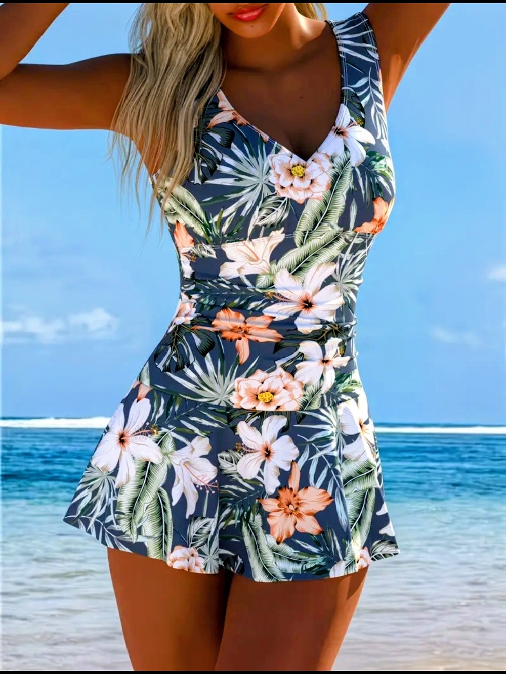 Floral Women's Tankini Swim Dress in Blue Gray with Peach & White Flowers